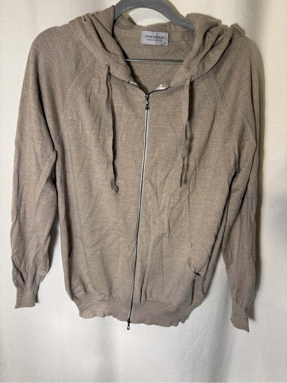 John Smedley Hoodie Mens M Merino Wool Full Zip Sweater Made in England Oatmeal